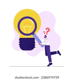 Buscando el concepto de éxito, creatividad para ayudar a ver oportunidades de negocio, empresario usando lupa para buscar nuevas ideas de negocio