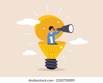 Searching for success concept. Creativity to help see business opportunity, vision to discover new solution or idea, curiosity, businessman open lightbulb idea using binoculars to see business vision.