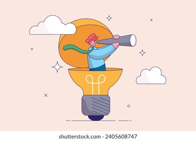 Searching for success concept. Creativity to help see business opportunity, vision to discover new solution or idea, curiosity, businessman open lightbulb idea using binoculars to see business vision.