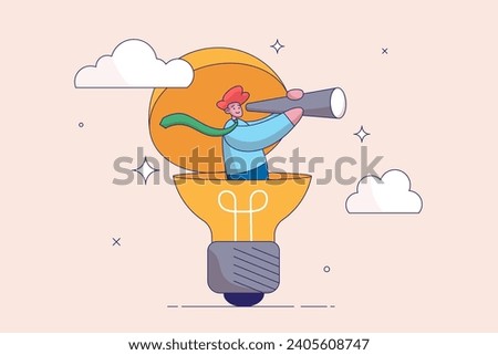 Searching for success concept. Creativity to help see business opportunity, vision to discover new solution or idea, curiosity, businessman open lightbulb idea using binoculars to see business vision.