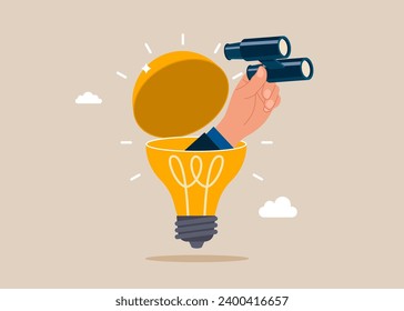 Searching for success concept. Hand businessman using binoculars to see business vision. Flat vector illustration