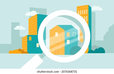 Searching for suitable accommodation from the offered options horizontal vector illustration. Real estate agencies catalogues. Housing rental and property management services.