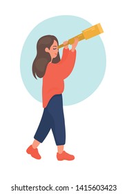 Searching. Teenage girl looking into telescope. Education research concept. Flat style vector illustration.