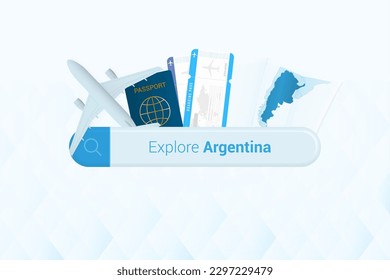 Searching tickets to Argentina or travel destination in Argentina. Searching bar with airplane, passport, boarding pass, tickets and map. Vector illustration.