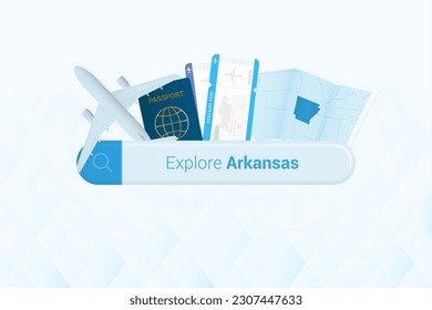 Searching tickets to Arkansas or travel destination in Arkansas. Searching bar with airplane, passport, boarding pass, tickets and map. Vector illustration.