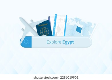 Searching tickets to Egypt or travel destination in Egypt. Searching bar with airplane, passport, boarding pass, tickets and map. Vector illustration.