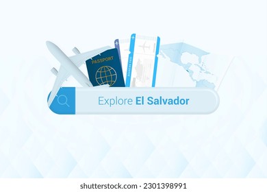 Buscando boletos a El Salvador o destino de viaje en El Salvador. Barra de búsqueda con avión, pasaporte, tarjeta de embarque, boletos y mapa. Ilustración vectorial.