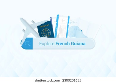 Searching tickets to French Guiana or travel destination in French Guiana. Searching bar with airplane, passport, boarding pass, tickets and map. Vector illustration.