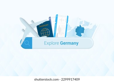 Searching tickets to Germany or travel destination in Germany. Searching bar with airplane, passport, boarding pass, tickets and map. Vector illustration.