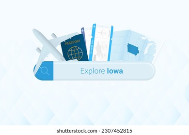 Searching tickets to Iowa or travel destination in Iowa. Searching bar with airplane, passport, boarding pass, tickets and map. Vector illustration.