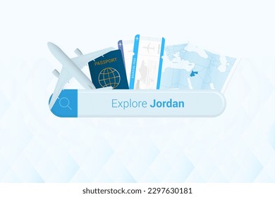 Buscando entradas a Jordania o destino de viaje en Jordania. Barra de búsqueda con avión, pasaporte, tarjeta de embarque, boletos y mapa. Ilustración vectorial.