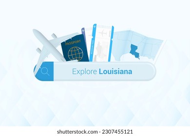Searching tickets to Louisiana or travel destination in Louisiana. Searching bar with airplane, passport, boarding pass, tickets and map. Vector illustration.