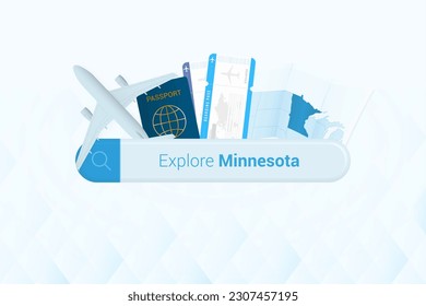 Searching tickets to Minnesota or travel destination in Minnesota. Searching bar with airplane, passport, boarding pass, tickets and map. Vector illustration.