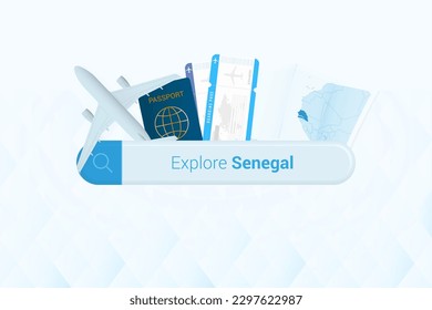Searching tickets to Senegal or travel destination in Senegal. Searching bar with airplane, passport, boarding pass, tickets and map. Vector illustration.