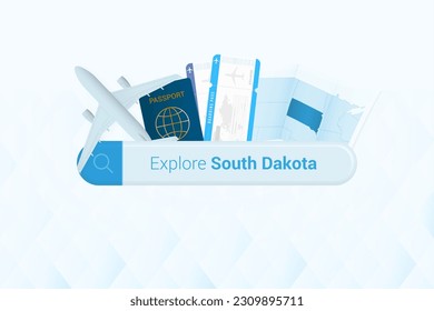 Buscando entradas a Dakota del Sur o destino de viaje en Dakota del Sur. Barra de búsqueda con avión, pasaporte, tarjeta de embarque, boletos y mapa. Ilustración vectorial.