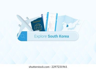 Sie suchen Tickets nach Südkorea oder reisen nach Südkorea. Suche Bar mit Flugzeug, Pass, Bordkarte, Tickets und Karte. Vektorgrafik.