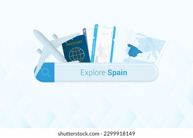 Searching tickets to Spain or travel destination in Spain. Searching bar with airplane, passport, boarding pass, tickets and map. Vector illustration.