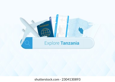 Searching tickets to Tanzania or travel destination in Tanzania. Searching bar with airplane, passport, boarding pass, tickets and map. Vector illustration.
