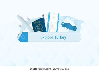 Tickets für die Türkei oder Reiseziel in der Türkei suchen. Suche Bar mit Flugzeug, Pass, Bordkarte, Tickets und Karte. Vektorgrafik.