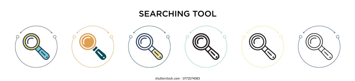 Searching tool icon in filled, thin line, outline and stroke style. Vector illustration of two colored and black searching tool vector icons designs can be used for mobile, ui, web