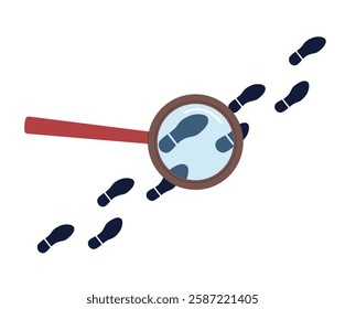 Searching traces with magnifying glass. Detective following footprint, finding and investigation. Walking boots steps, shoes black stamps. Cartoon flat style isolated vector concept