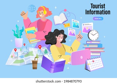 Searching for travel information. people with laptop navigation and map with location. trying to find place they need. GPS map and navigation apps concept. tourism in summer. Time to travel vector.