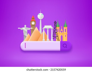 Searching for travel tour. World sights with searching ефи. 3d vector illustration
