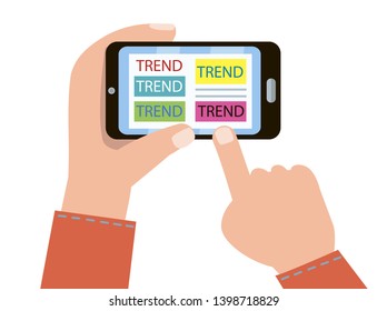 Searching trends concept. Human hands with smartphone mobile search on the internet new tendency. Vector illustration.
