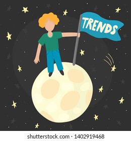 Searching trends concept with a man standing on the moon with a flag