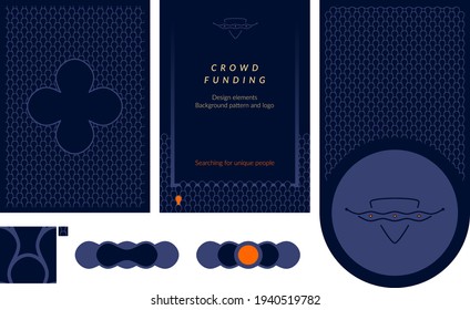 Searching for unique people. Modern card, packaging design template. Background repeating pattern, wavy triangle logo, separator, sticker design elements collection. Special offer. Membership letter.