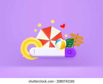 Searching for vacation in internet with search tab. 3d style vector illustration