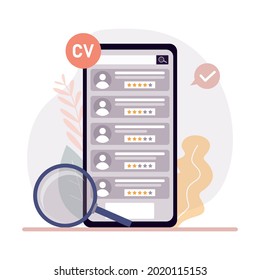 Searching employeе via resume for team and company. Search work through mobile phone app. Posting summary in smartphone application. Recruitment staff and cv resume concept. Flat vector illustration