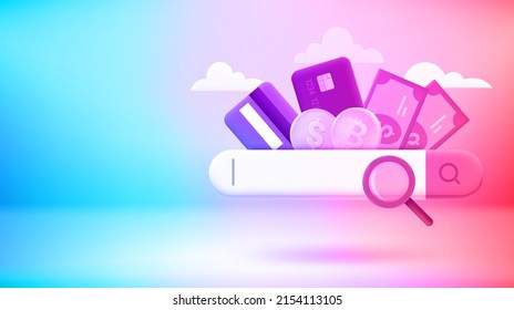 Searching The Way To Pay In Internet. Vector 3d Banner With Copy Space