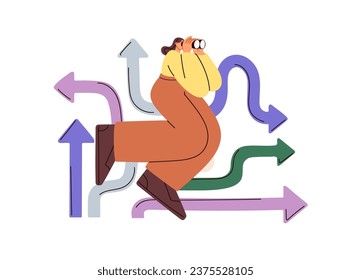 Searching ways, directions concept. Person with binoculars looking for opportunities, multiple chances, choosing from different options. Flat graphic vector illustration isolated on white background