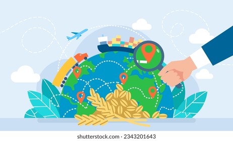 Searching for ways to transport grain. The concept of harvest, export, import. Planet earth and transport. Global logistics network, logistic import export and transport. Flat vector illustration