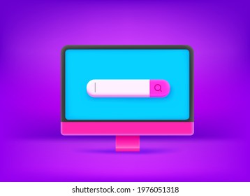 Searching web bar on the screen of modern personal computer. 3d cute style vector illustration with vivid neon colors