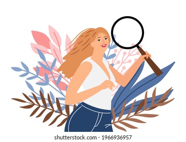 Searching woman. Cartoon female looking in magnifying glass. Scientist botanical girl character. Young student or curious person vector concept