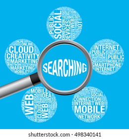 Searching word cloud with magnifying glass, vector