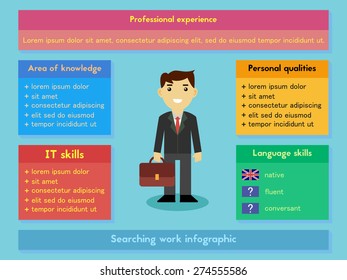 Searching work info graphic. Flat style. Vector illustration.