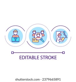 Searching workforce loop concept icon. Finding labour force. Online recruiting. Building worker abstract idea thin line illustration. Isolated outline drawing. Editable stroke. Arial font used