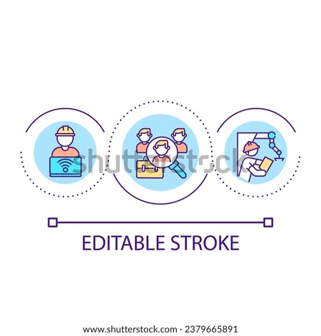Searching workforce loop concept icon. Finding labour force. Online recruiting. Building worker abstract idea thin line illustration. Isolated outline drawing. Editable stroke. Arial font used