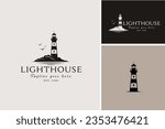 Searchlight Beacon Tower on Rock Cliff, Lighthouse Beach on Seashore Coast Island for Sea Ocean View Landscape Silhouette Illustration Classic Vintage Logo Design