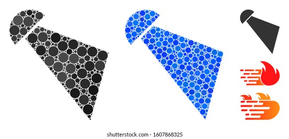 Searchlight beam mosaic of small circles in different sizes and color tinges, based on searchlight beam icon. Vector filled circles are composed into blue mosaic.