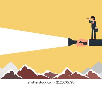 Searchlight. Businessman Looking Through Binoculars Standing On Big Hand, Business Vision Concepts