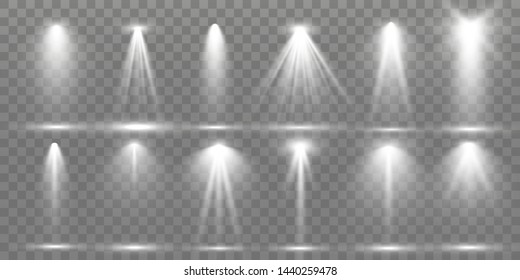 Searchlight collection for stage lighting, light transparent effects. Bright beautiful lighting with spotlights.