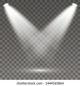 Searchlight collection for stage lighting, light transparent effects. Bright beautiful lighting with spotlights. Set of white spotlight isolated. 