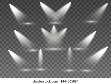 Searchlight collection for stage lighting, light transparent effects. Bright beautiful lighting with spotlights. Set of white spotlight isolated. 