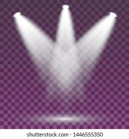 Searchlight collection for stage lighting, light transparent effects. Bright beautiful lighting with spotlights. Set of white spotlight isolated. 