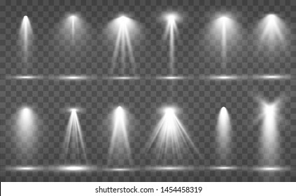 Searchlight collection for stage lighting, light transparent effects. Bright beautiful lighting with spotlights.