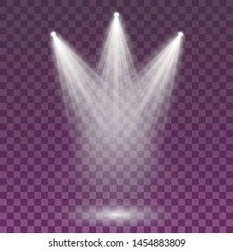 Searchlight collection for stage lighting, light transparent effects. Bright beautiful lighting with spotlights. Set of white spotlight isolated. 